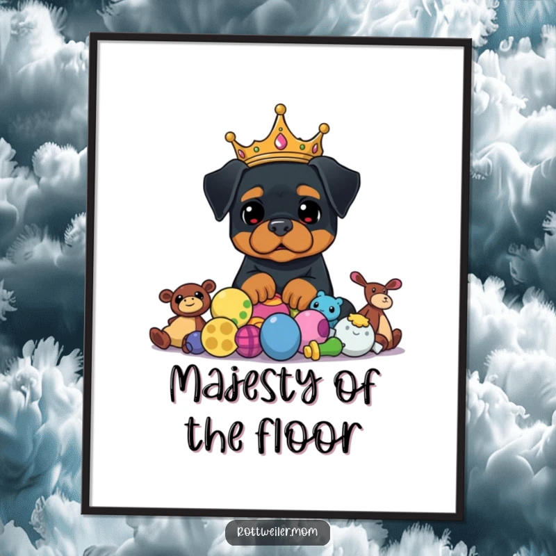 Funny Rottweiler King Digital Art Print shows a crowned dog looking regally over a pile of toys, bringing humorous majesty.
