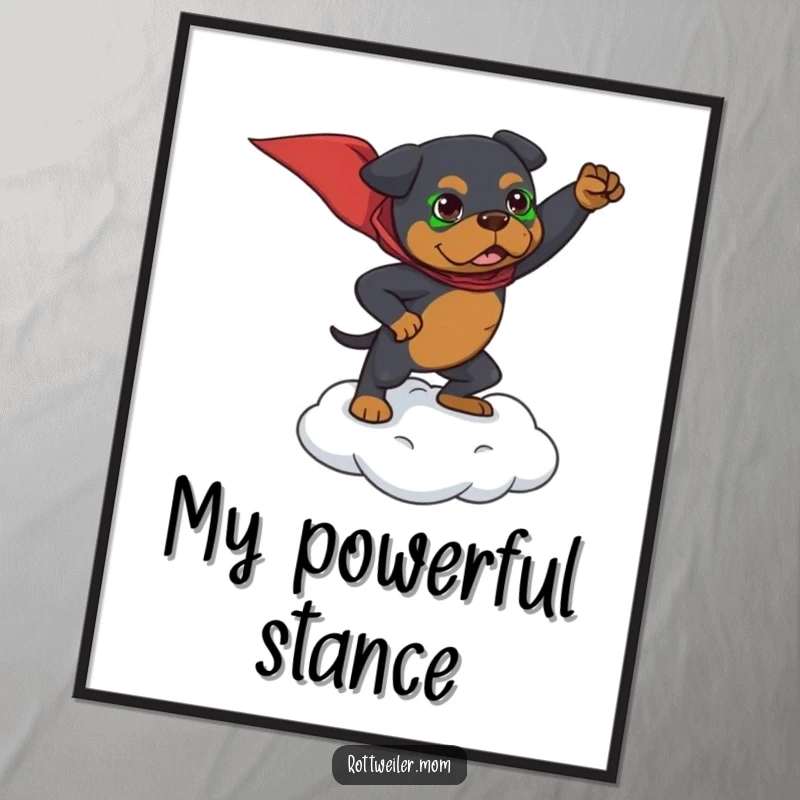 Funny digital art print of a Rottweiler in a dramatic superhero pose on a tiny cloud, conveying power and fun.