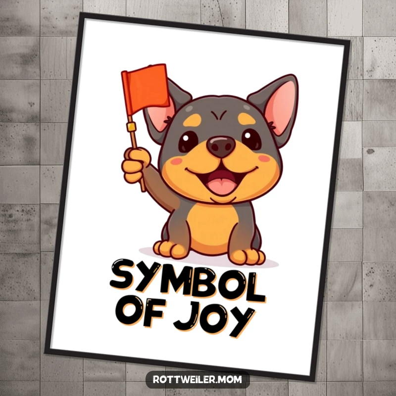 Funny Rottweiler Digital Art: A downloadable print of a rottweiler enthusiastically waving a tiny flag, perfect for spirited decor.