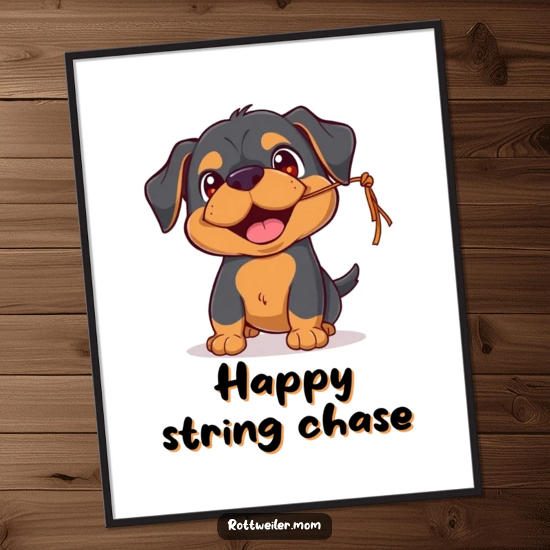 Funny Rottweiler digital art print of a playful pup with happy eyes, batting at a dangling string, perfect for instant download.