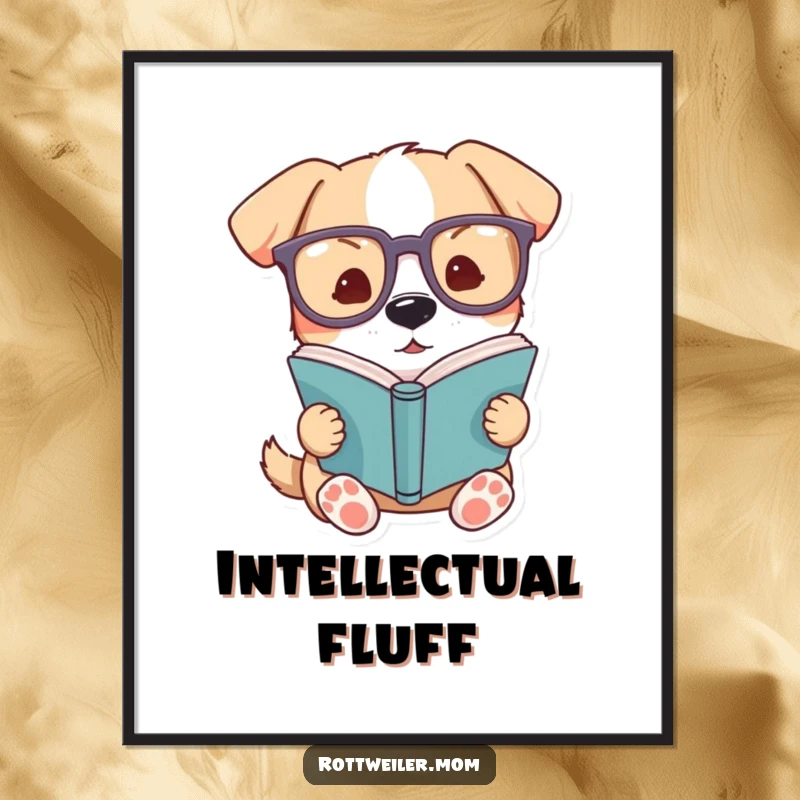 Funny dog digital art print, a dog wearing oversized glasses intently reading a book, ideal for instant wall decor.