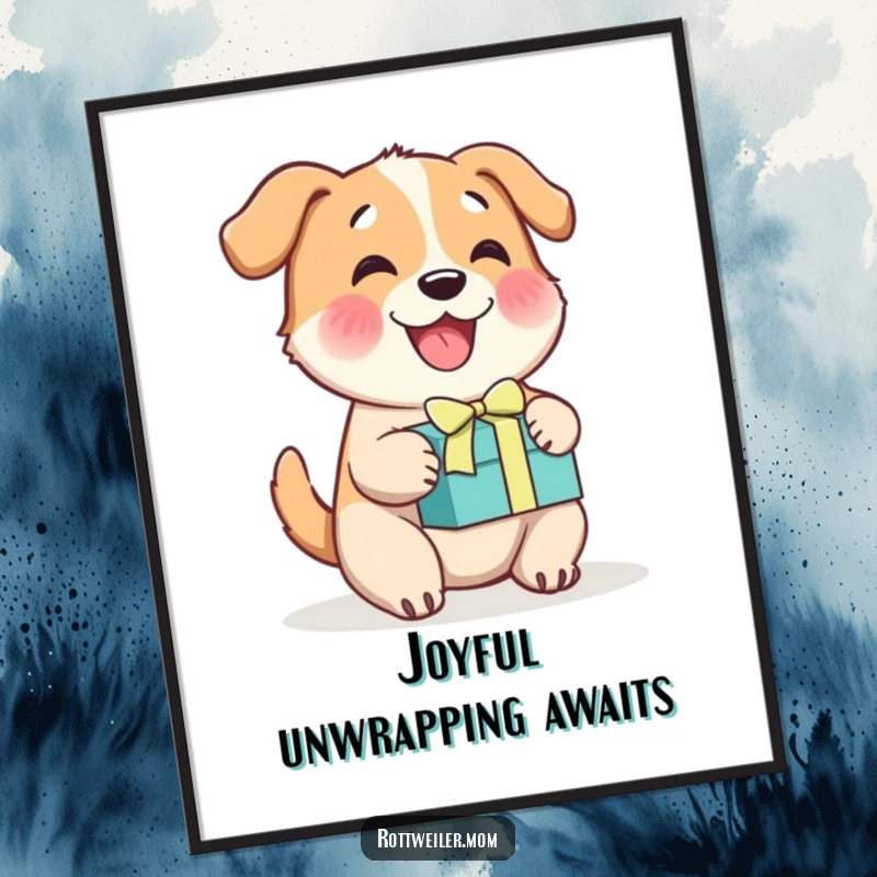 Funny cheerful dog digital art print, a happy dog wagging its tail with excitement next to a present, full of joy.