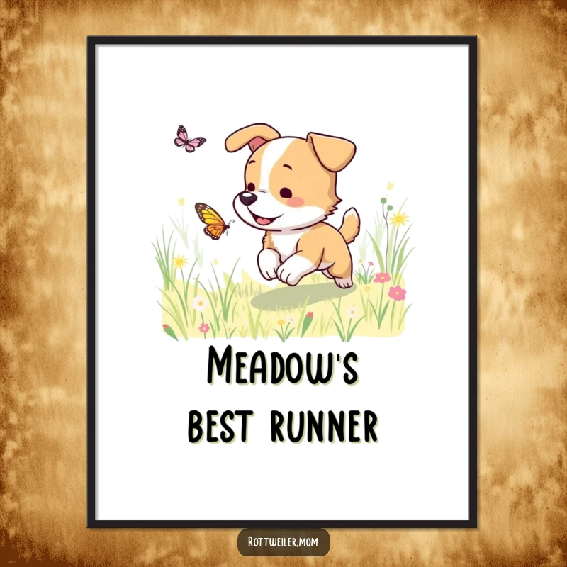Funny dog meadow digital art print of a dog chasing a butterfly, ready to download and print for charming home decor.