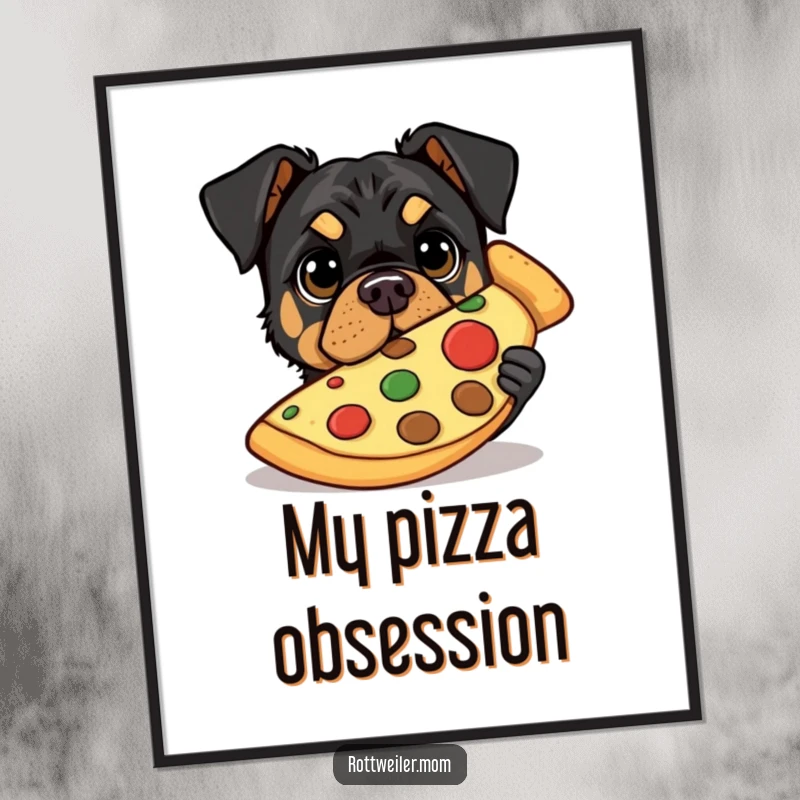 Funny digital art print of a Rottweiler with wide eyes peeking from behind a giant slice of pizza, humorous and charming.