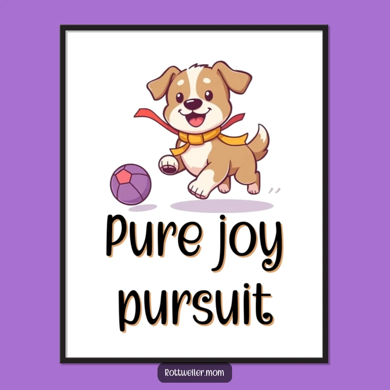 Funny Playful Dog Digital Art Print: Ribbon Pup Chasing Ball - Instant Energetic Decor