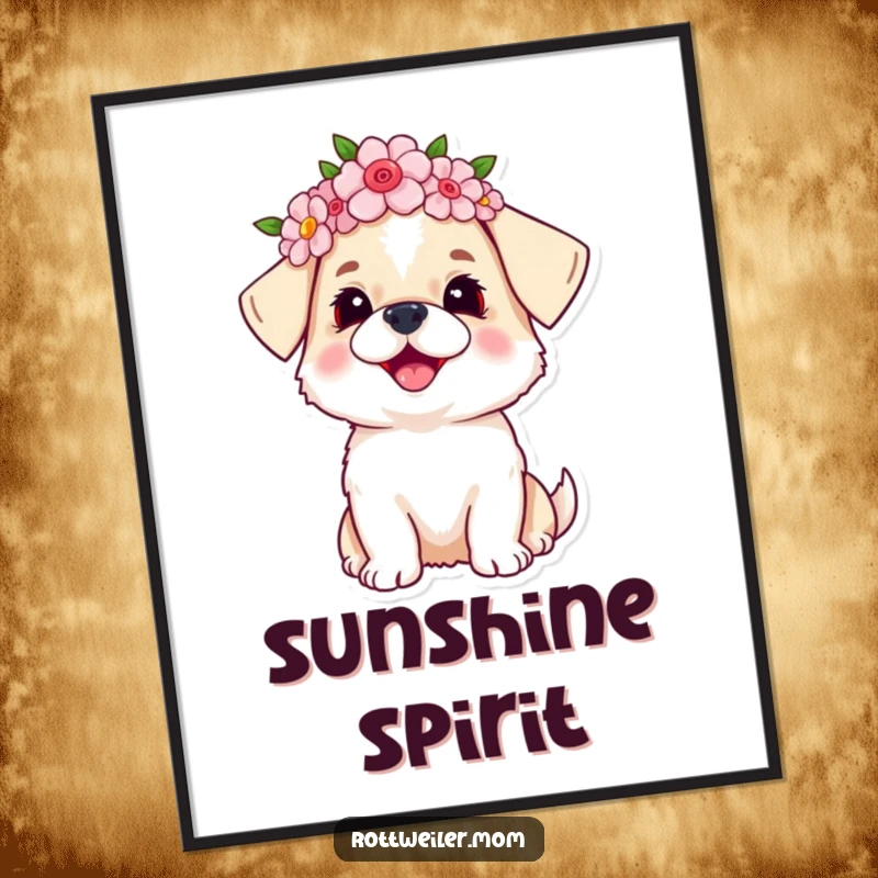 Funny dog digital art print of a small dog wearing a beautiful flower crown, looking joyfully upwards, embodying pure happiness.