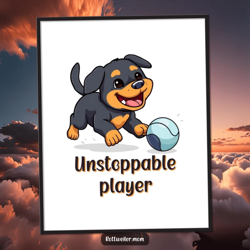 Funny digital art print of a kawaii Rottweiler with a silly grin joyfully chasing a bouncing ball, capturing pure doggy fun.
