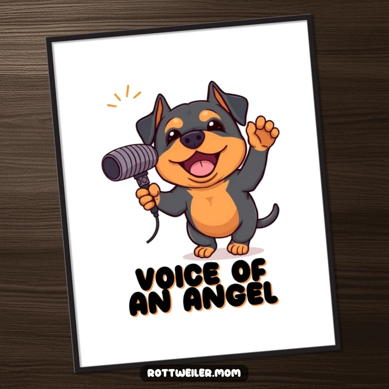 Funny Rottweiler digital art print of an excited dog holding a giant microphone, ready to sing, perfect for instant download.