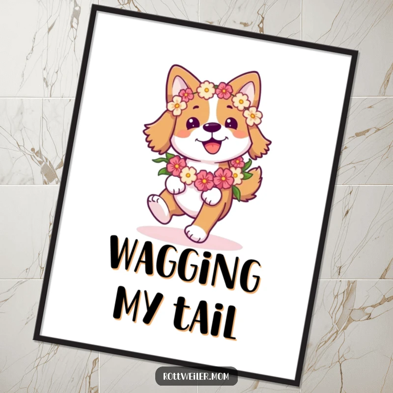 Funny Happy Dog Digital Art Print: Dog with a flower garland joyfully prances, joyful and humorous art.