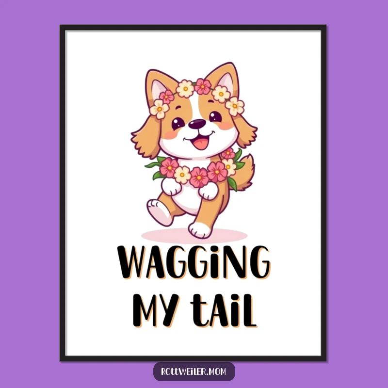 Funny Happy Dog Digital Art Print: Flower Garland Pup Prancing - Instant Joyful Decor