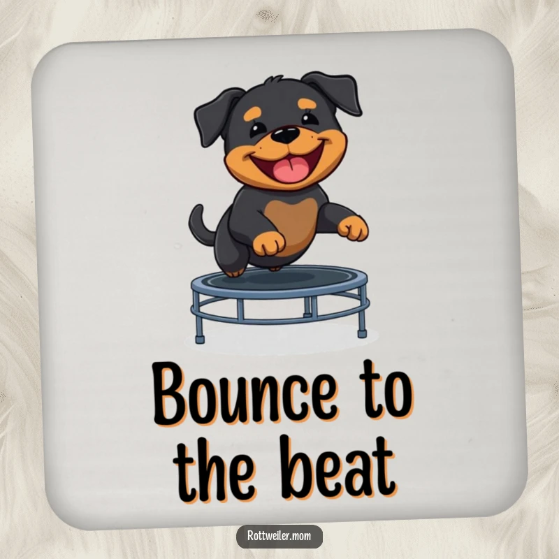 Funny Rottweiler puppy bouncing on a trampoline, a hilarious addition to this protective drink coaster.