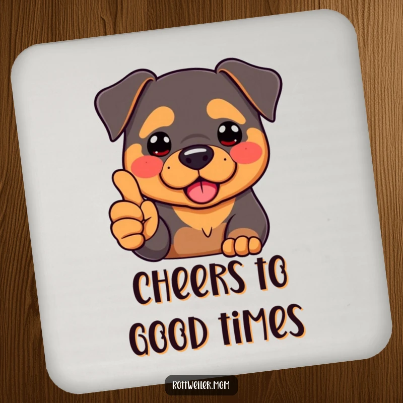 Funny Kawaii Rottweiler with rosy cheeks, giving a thumbs-up on a drink coaster, adding humorous protection.