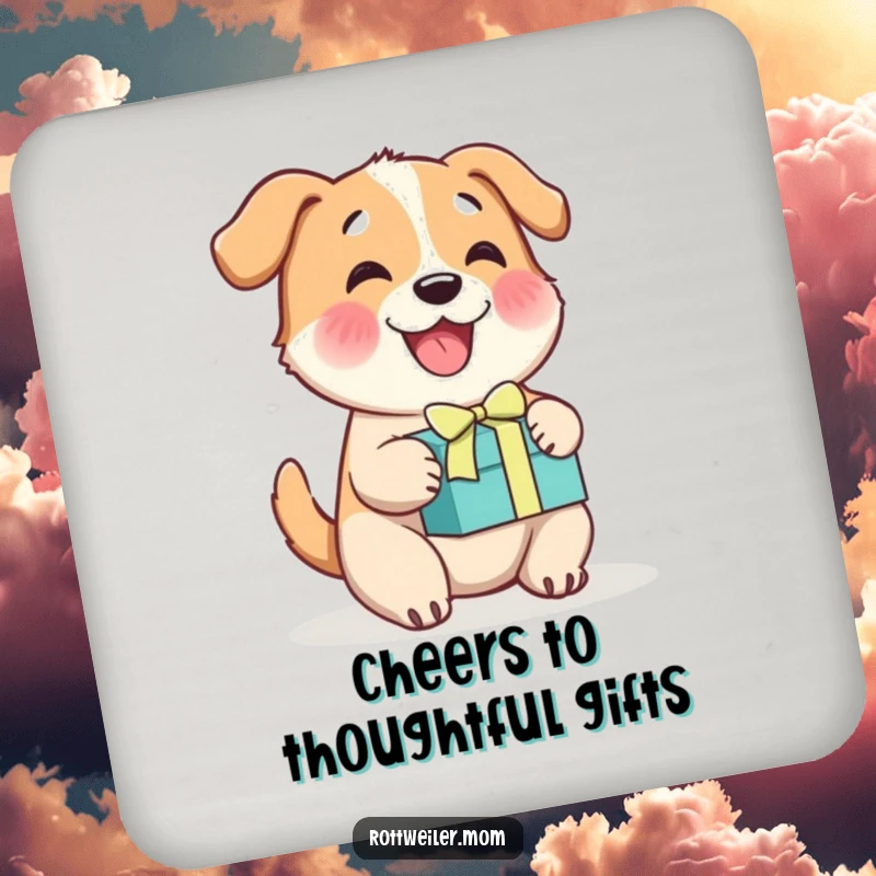 Funny cheerful dog drink coaster, a happy dog wagging its tail with a gift, perfect for protecting surfaces.
