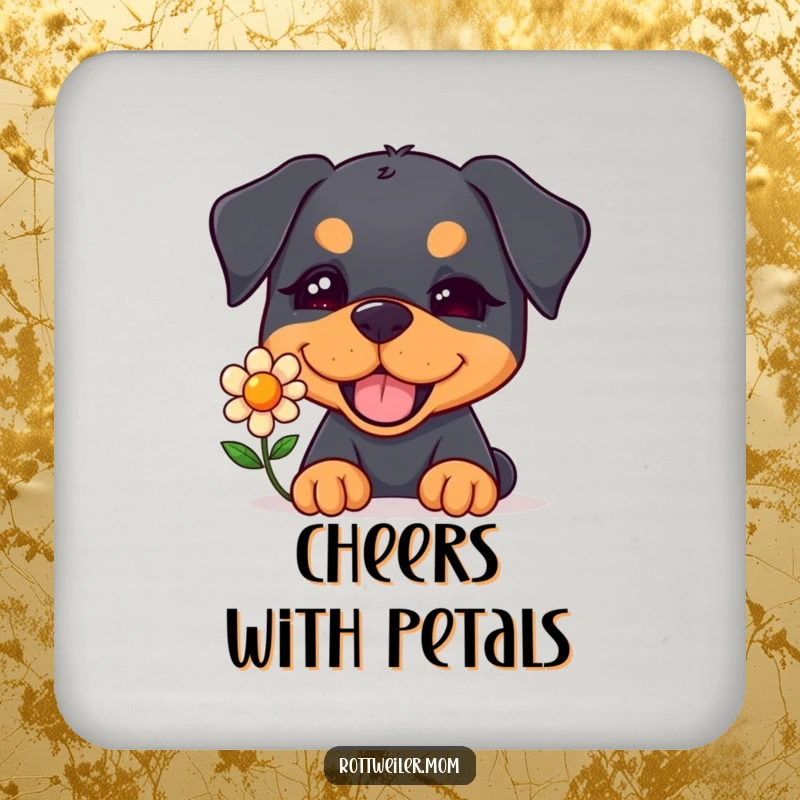 Funny Kawaii Rottweiler Coaster featuring a cute dog winking and offering a single flower, protecting surfaces with charm.