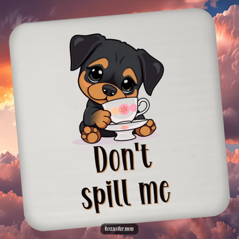 Funny drink coasters with a kawaii Rottweiler with big eyes, precariously balancing a teacup, adding clumsy humor.