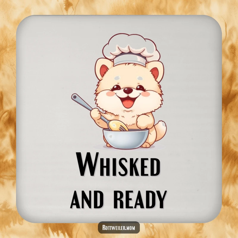 Funny Chef Dog Drink Coaster: Fluffy dog in a chef hat whisks batter, a humorous and protective accessory.