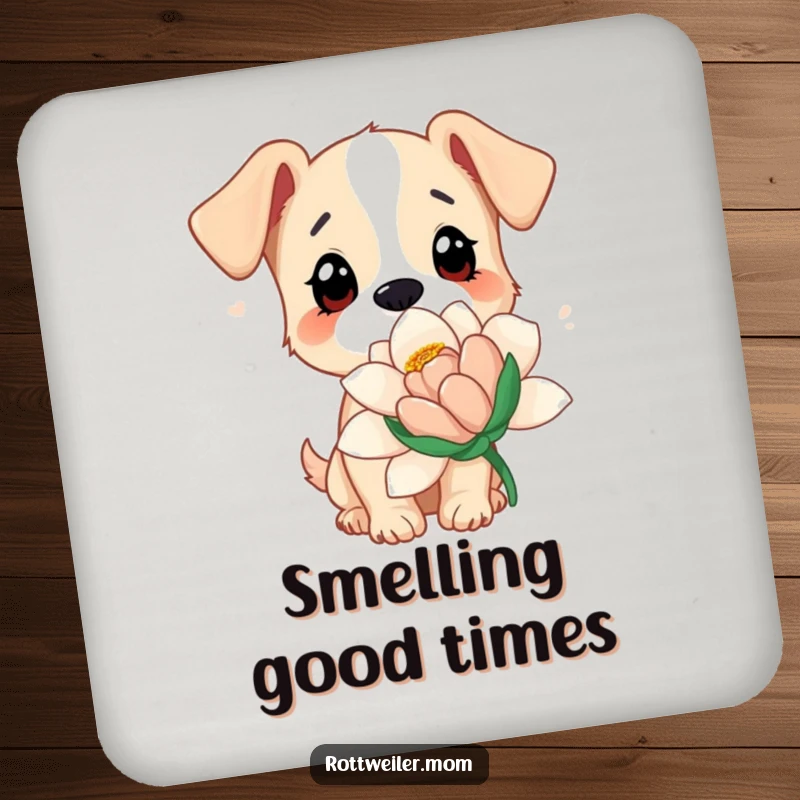 Funny dog coaster featuring a dog with curious eyes sniffing a giant flower, a decorative and functional item for any surface.