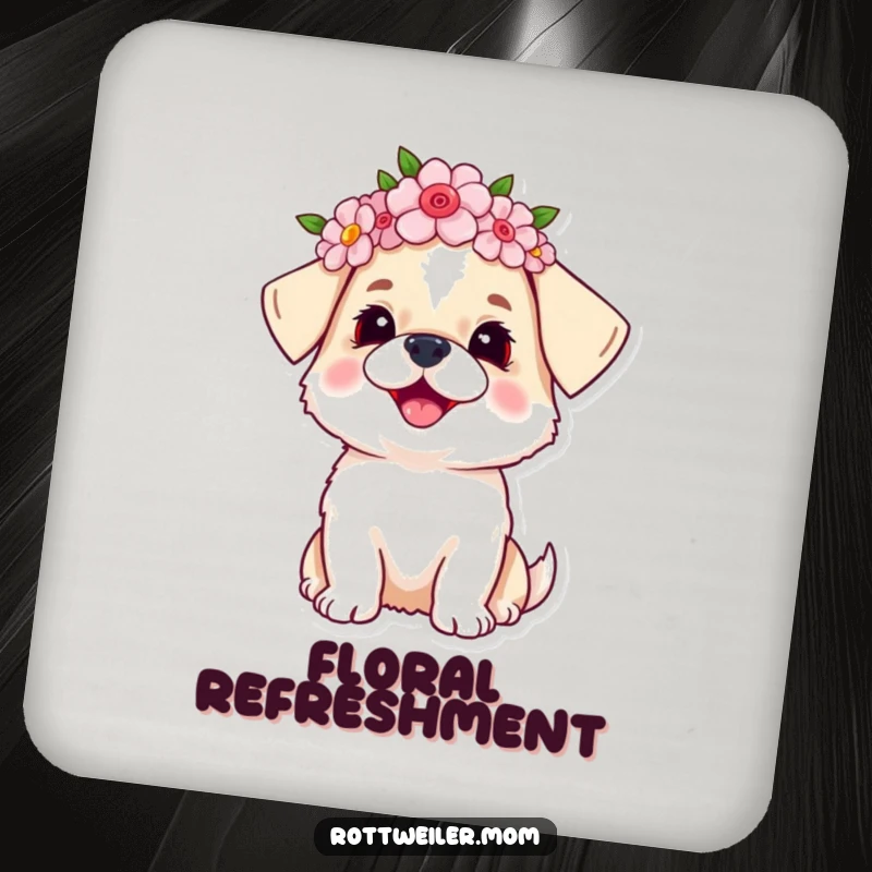 Funny dog drink coasters depicting a small dog wearing a flower crown, looking joyfully upwards, bringing a touch of nature.