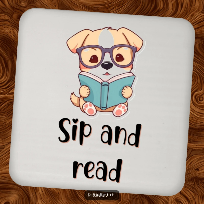Funny dog coasters, a dog with glasses reading a book, protecting surfaces with sophisticated humor.