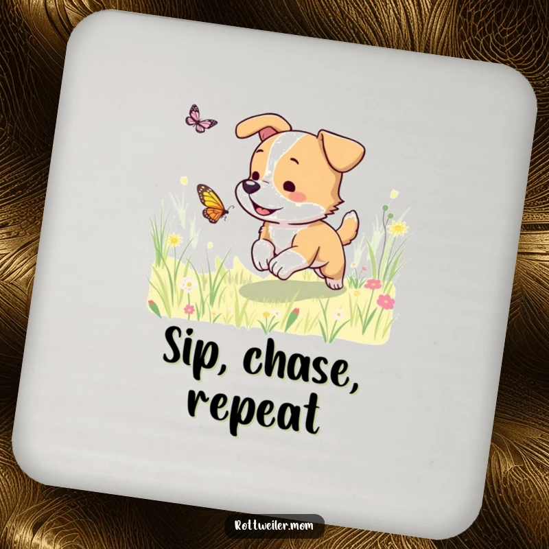 Funny dog coaster showing a dog chasing a butterfly in a meadow, a decorative and functional item for any surface.