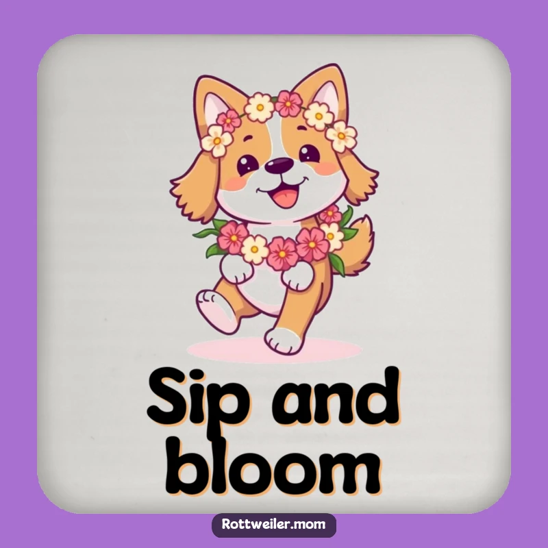 Funny Happy Dog Drink Coaster: Flower Garland Pup Prancing - Protect Surfaces with Joy