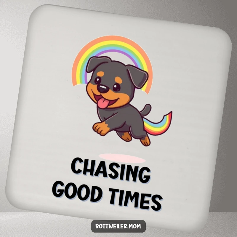 Funny Kawaii Rottweiler chasing a bright rainbow tail on coasters, adding a playful touch to any surface.