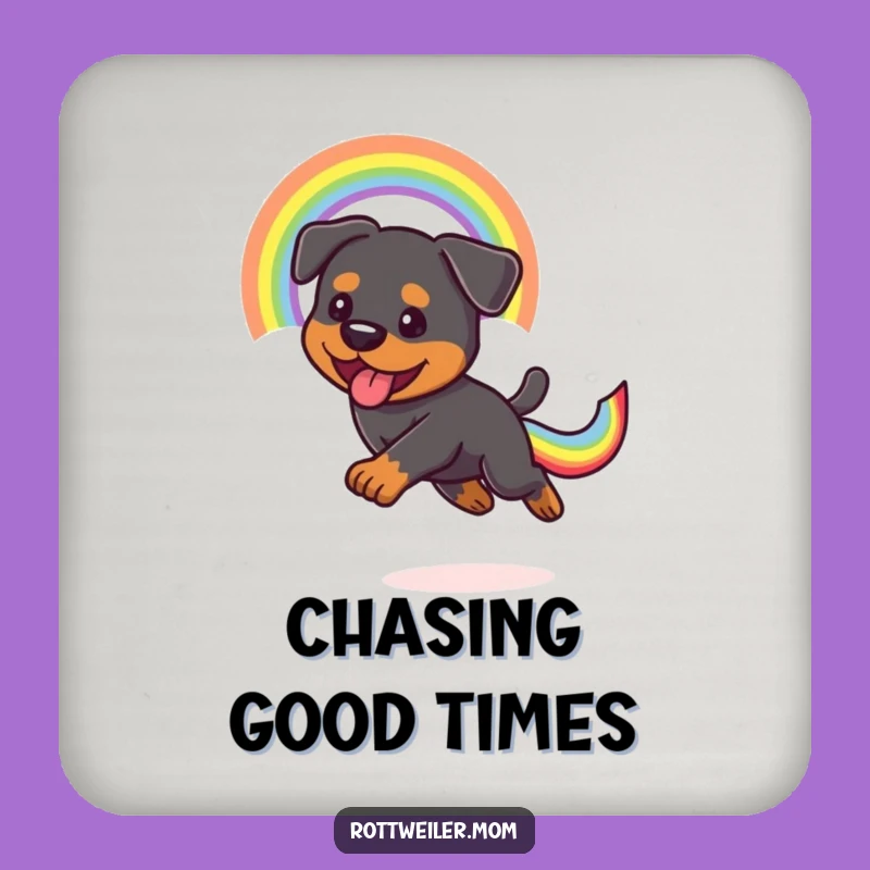 Funny Kawaii Rottweiler Coaster Set: Rainbow Tail Chase, Fun Home Decor Gift