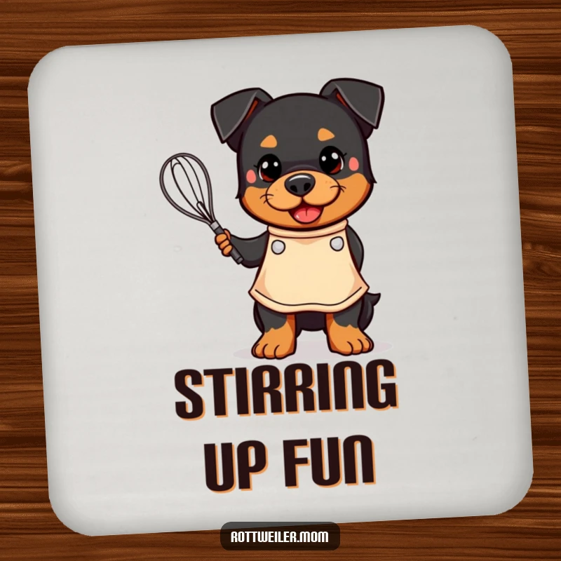 Funny drink coasters with a kawaii Rottweiler wearing an apron and holding a whisk, adding culinary humor.