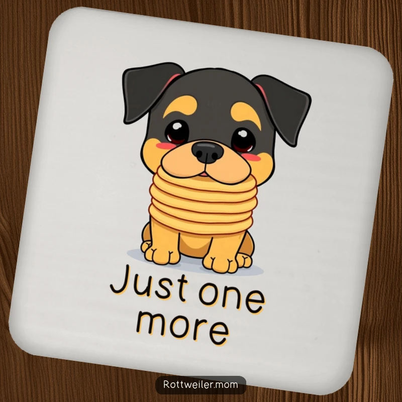 Funny Kawaii Rottweiler Coaster featuring a cute dog balancing a stack of pancakes on its nose, protecting your furniture with humor.