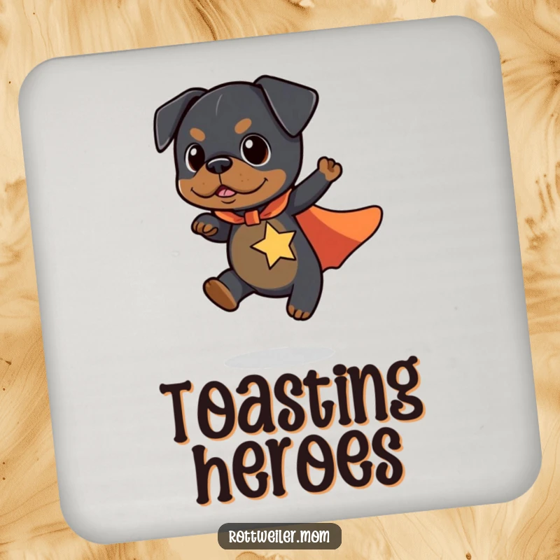 Funny Kawaii Rottweiler Coaster featuring a cute dog in a superhero cape flying a short distance, protecting surfaces humorously.
