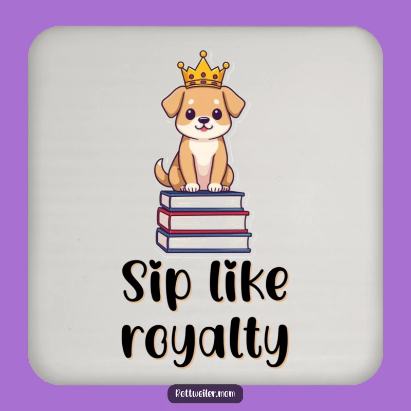 Funny Regal Dog Drink Coaster: Crowned Pup on Books - Protect Surfaces with Authority