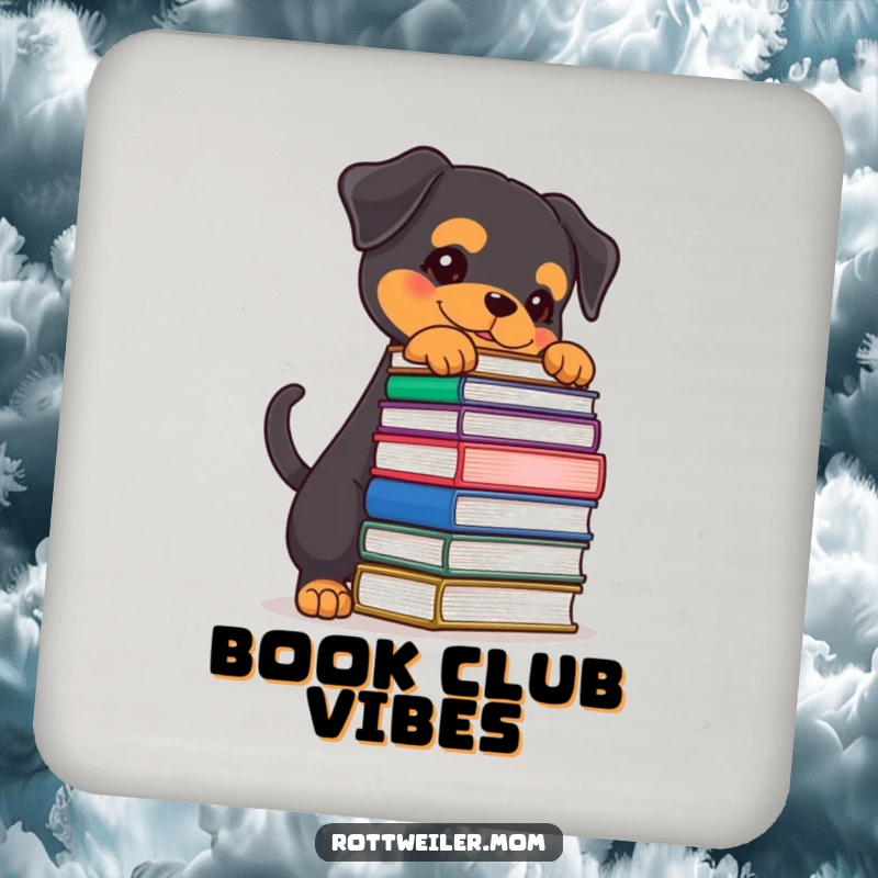 Funny Rottweiler coasters featuring a determined dog balancing books, protecting surfaces with studious and humorous flair.