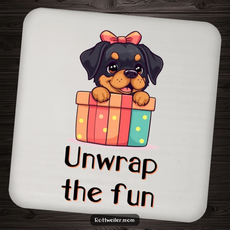 Funny Rottweiler Gift Box Coaster: A coaster featuring a rottweiler behind a gift box, adding humor to tables.