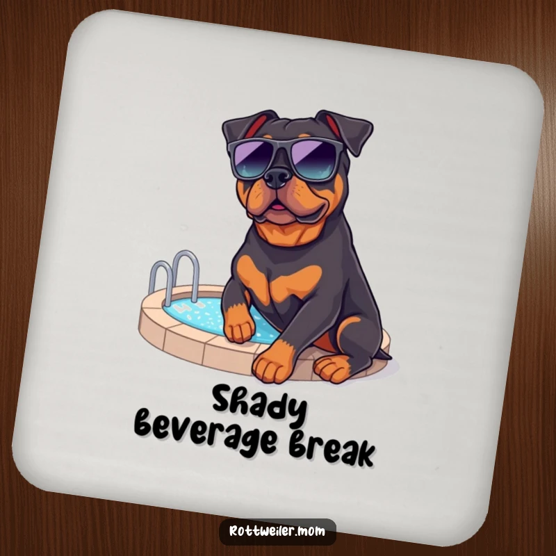 Funny Rottweiler Poolside Coaster: A coaster featuring a rottweiler in sunglasses by a pool, adding cool humor.