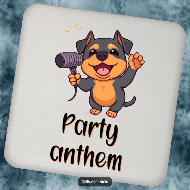 Funny Rottweiler coasters featuring an excited dog holding a giant microphone, ready to sing, protecting surfaces with musical humor.