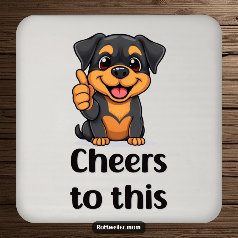 Funny Rottweiler coasters featuring an enthusiastic pup giving a thumbs-up with a big smile, protecting surfaces with positive humor.