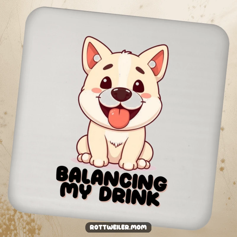 Funny Stocky Dog Coaster, illustrating a panting dog with a treat on its nose, protecting surfaces with a humorous design.