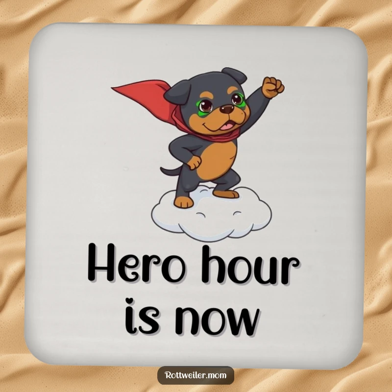 Funny drink coaster with a Rottweiler striking a superhero pose on a tiny cloud, protecting surfaces.