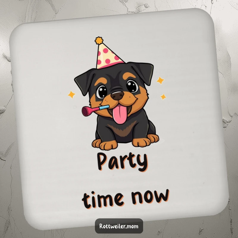 Funny coasters with a Rottweiler puppy wearing a party hat, exuberantly blowing a noisemaker, protecting surfaces with festive canine charm.