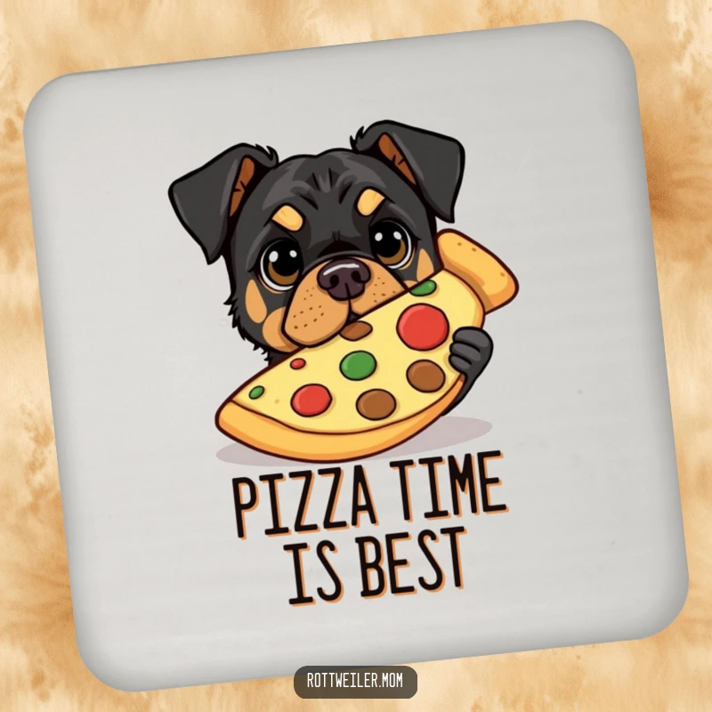 Funny drink coaster with a Rottweiler peeking from behind a giant pizza slice, eyes wide, protecting surfaces.