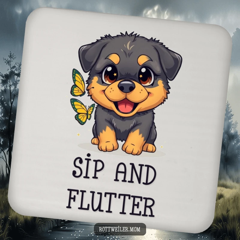 Funny drink coaster showcasing a fluffy Rottweiler with oversized, sparkling eyes gleefully chasing a butterfly, adding gentle art.