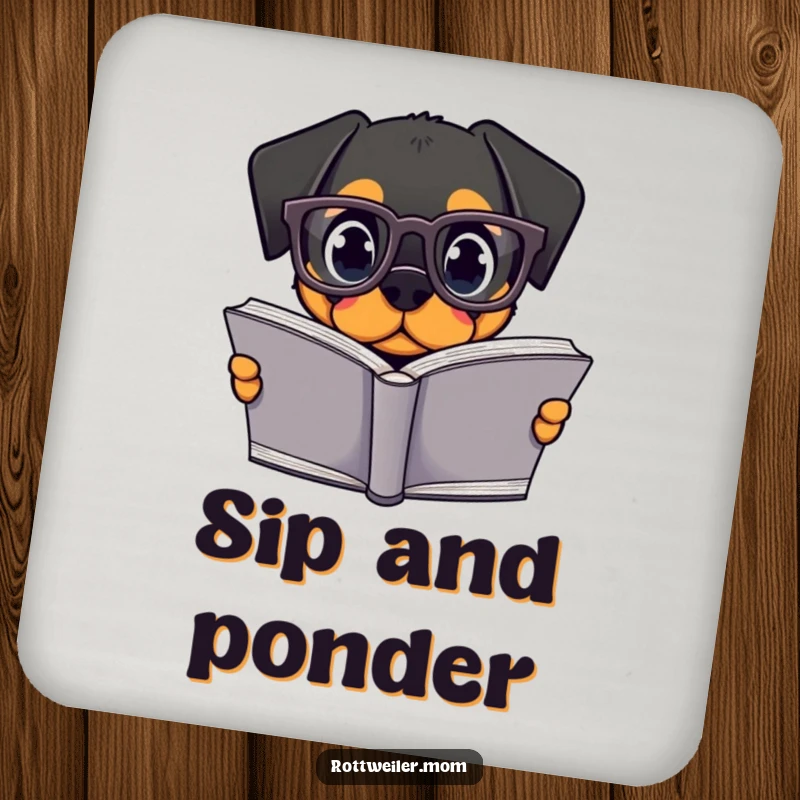 Funny Kawaii Rottweiler Coasters featuring a bespectacled dog reading, perfect for protecting surfaces with funny dog art.