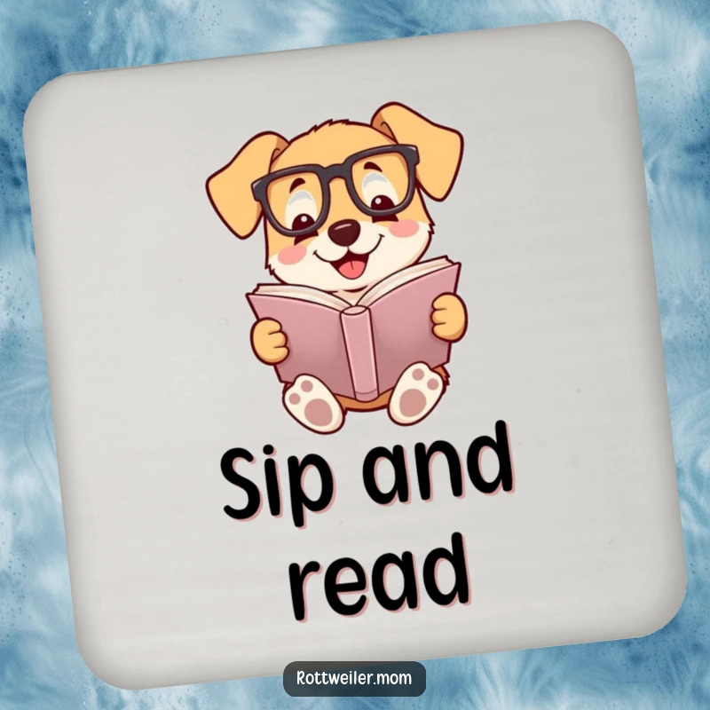 Funny drink coaster featuring a dog wearing reading glasses, smiling while engrossed in a book, adding literary humor.