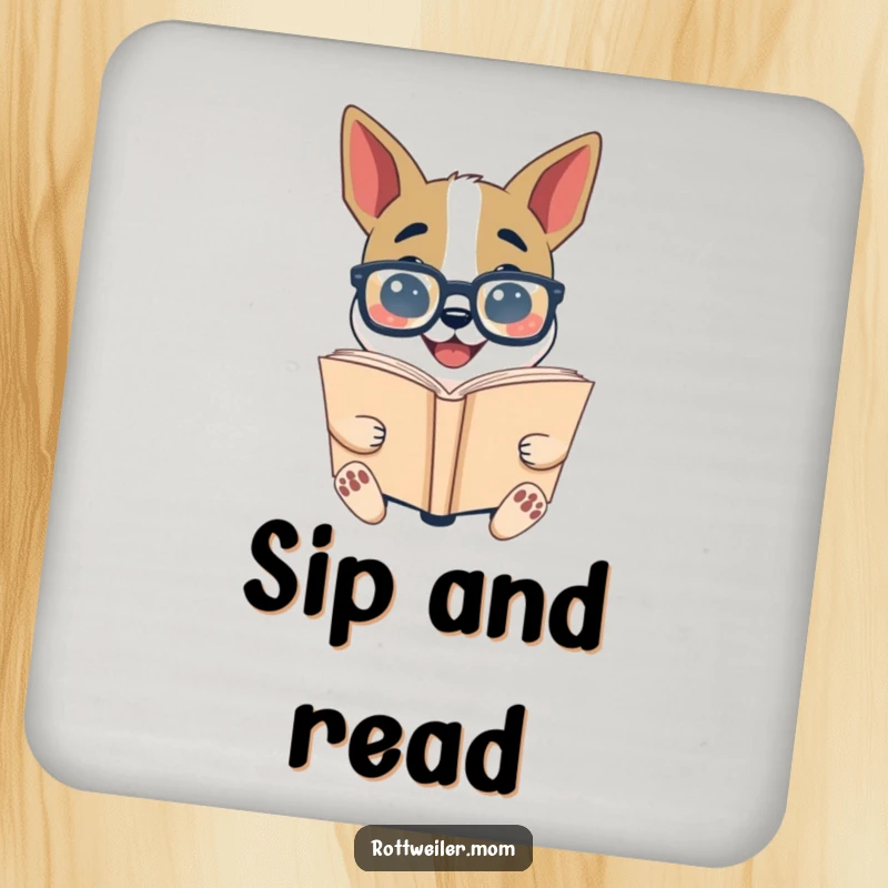 Funny Bookworm Dog Drink Coaster: Dog with oversized glasses reading a giant book, a humorous and protective accessory.