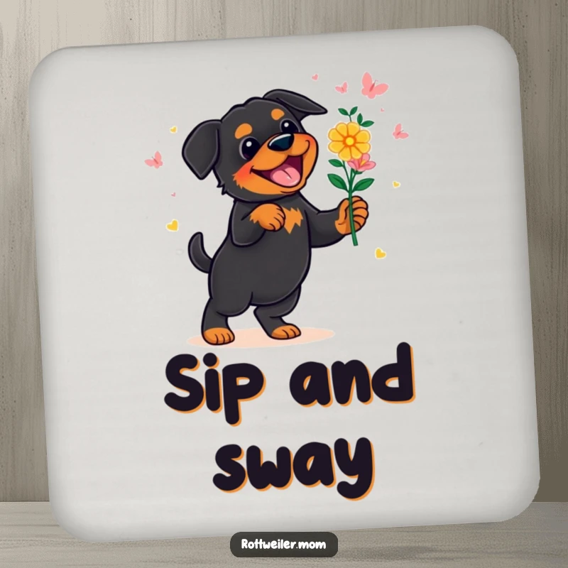 Funny Rottweiler Coaster: A set of coasters featuring a rottweiler dancing joyfully with a bouquet of flowers, protecting tables.