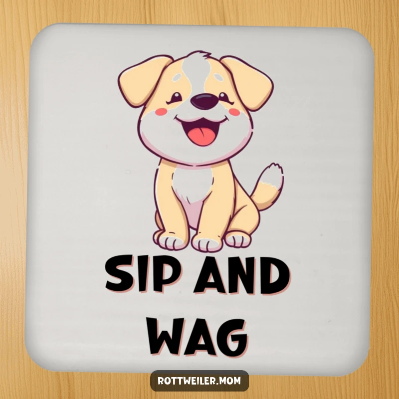 Funny dog coasters, a dog expressing joy with a wagging tail and happy pant, protecting surfaces.