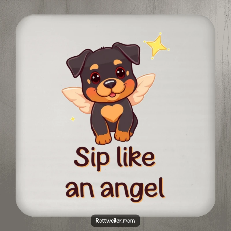 Funny coasters featuring a cute Rottweiler with tiny wings, playfully near a sparkling star, protecting surfaces with canine charm and humor.