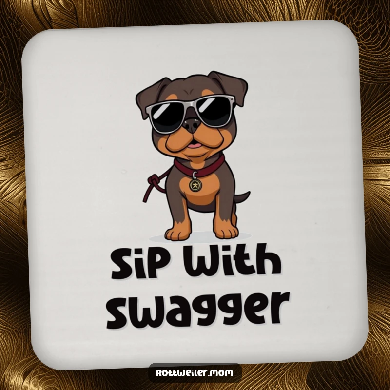 Funny Rottweiler drink coaster with a dog wearing oversized sunglasses, confidently strutting, adding cool protection.
