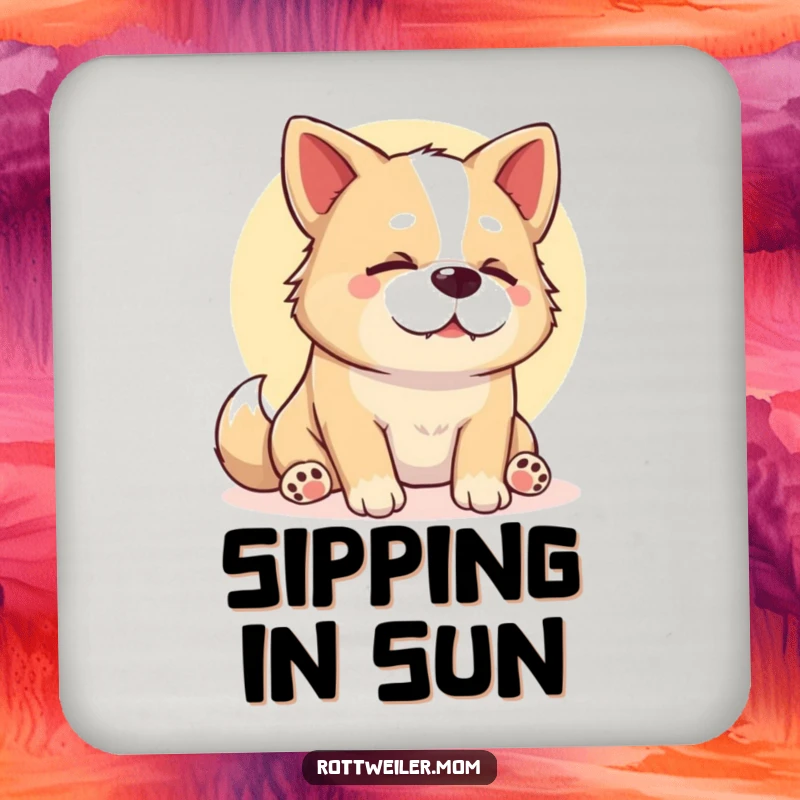 Funny Stocky Dog Coaster, showing a contented sigh from a dog basking in a sunbeam, protecting surfaces with humorous serenity.