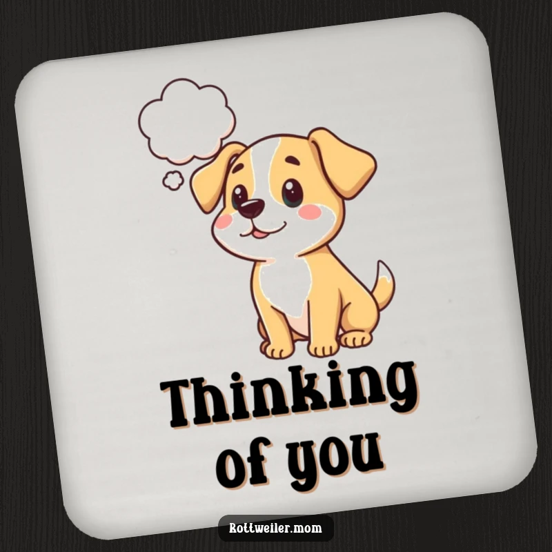 Funny cartoon dog coasters with a thought bubble, protecting surfaces with humorous contemplation.